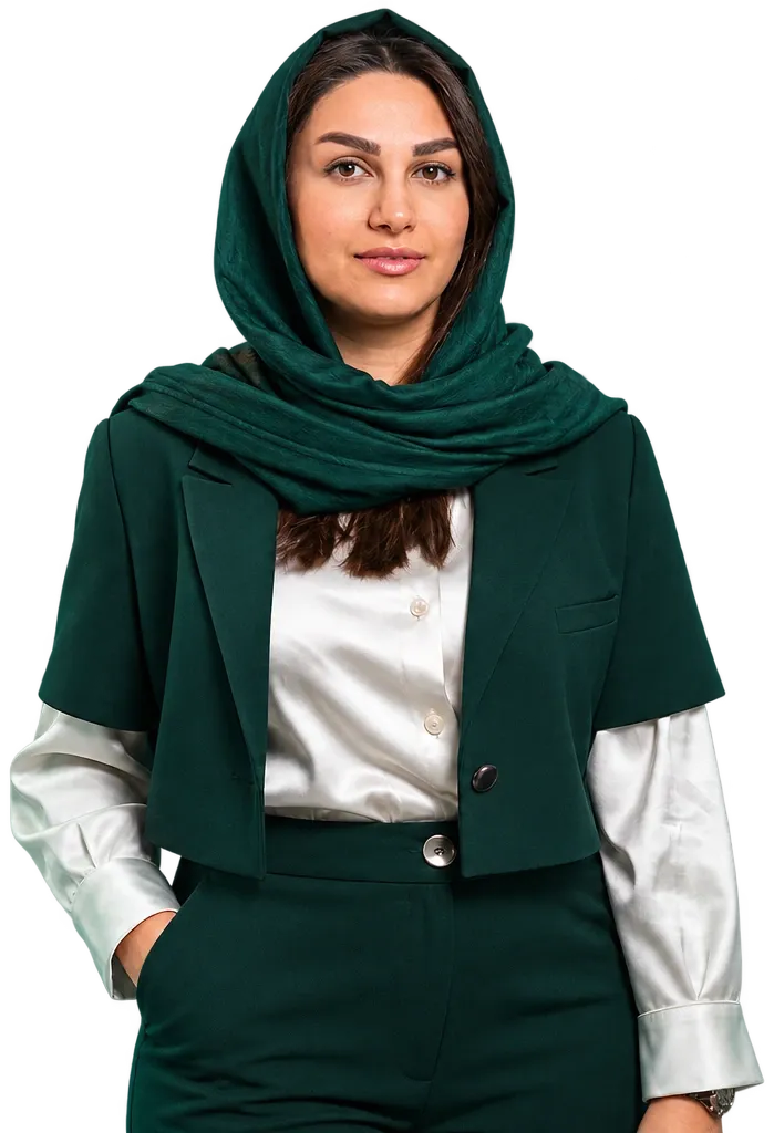 نیلوفر رزم‌پا، مشاور کسب‌وکار، با کت و شلوار سبز تیره و شال سبز